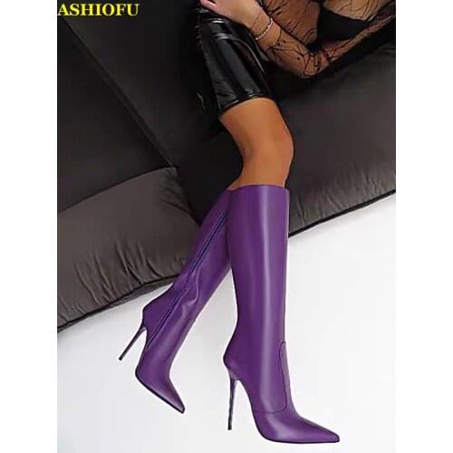 ASHIOFU Hot Sale Ladies Handmade High Heel Boots Wedding Club Party Knee-high Boots Sexy Evening Fashion Boots Shoes