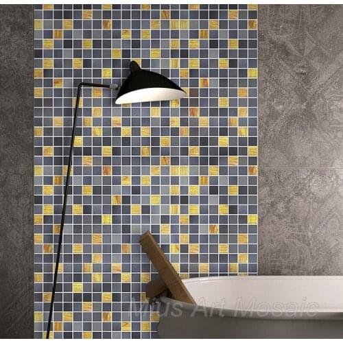 Cheap factory price pure black mix gold yellow glass mosaic tile DIY wallpaper for shower room bathroom deco