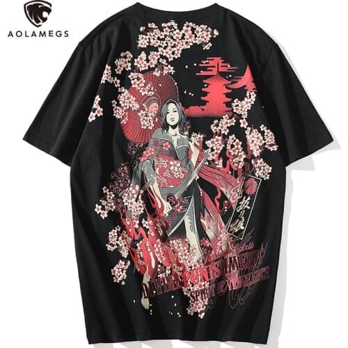 Aolamegs Tshirts Men Japanese Geisha Embroidery Cherry Blossoms Print T-shirts Casual Tops Tees Shirts Loose Hip Hop Streetwear