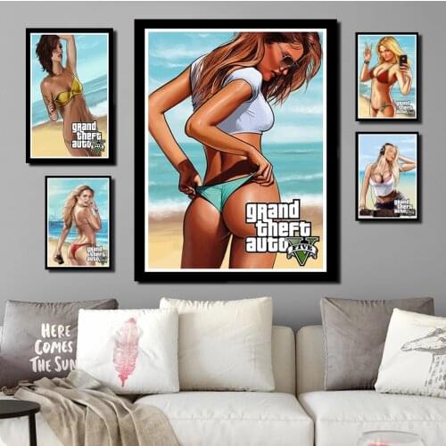 Perfect JL Hot Game Grand Theft Auto 5 Bikini Hot Girl GTA Hot Video Game Art Painting Poster Home Decor wall stickers