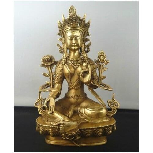 Arts Crafts Copper Exquisite Tibetan Buddhism Brass Green Tara God Godness Kwan-yin Buddha Statue Sculpture