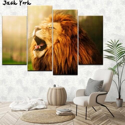 Canvas Painting Lion Roaring HD 4 Pieces Wall Art Painting Modular Wallpapers Poster Print living room Home Decor free shipping
