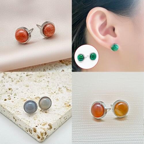 Korean Fashion Stud Earrings Minimalist Round Natural Stone Earrings for Women Crystal Malachite Opal Stainless Steel Jewelry