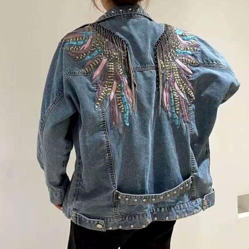 Gypsylady Retro Oversized Denim Jacket Floral Embroidery Boho Appliques Jacket Coat Tassels Rivet Split Women Jean Biker Outwear