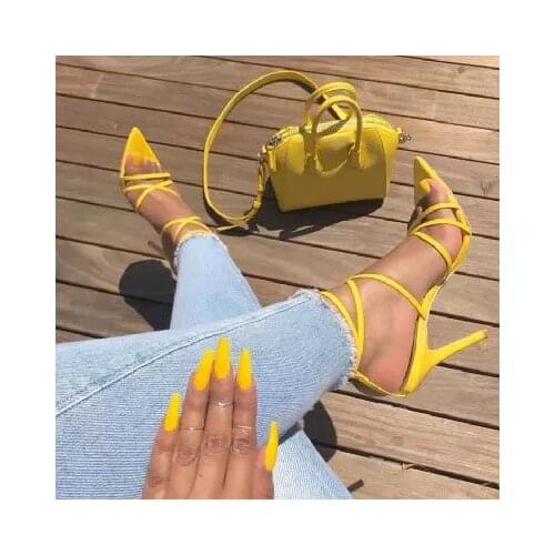 Summer Pointed Open toe Narrow Straps Sandals Women fasciola Cut Out Shiny Leather Sandals Ladies Sexy High Heels Party Stiletto