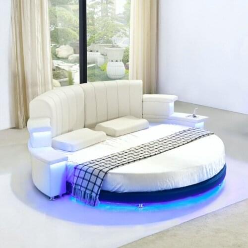 Genuine Leather multifunctional round bed frame Nordic camas ultimate bed With LED light Bluetooth speaker Iphone charger USB