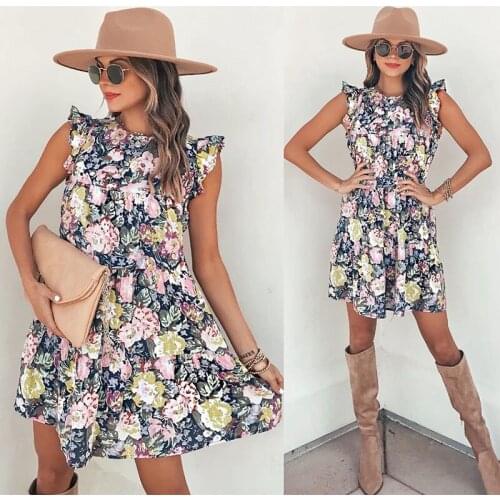 2021 Summer New Round Neck Floral Dress Womens Printed Halter Cake Dress Casual Ruffle A-line Mini Dress Holiday