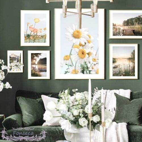 White Daisy Poppy Flowers Poster Nordic Sunrise Pier Summer Dawn Scenery Canvas Painting Wall Art Print Pictures for Living Room