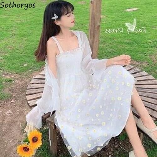 Dress Sleeveless Retro Fashion Summer Daisy Print Mid-calf One Size Streetwear Spaghetti Strap Net Yarn Sexy Party Slash Neck
