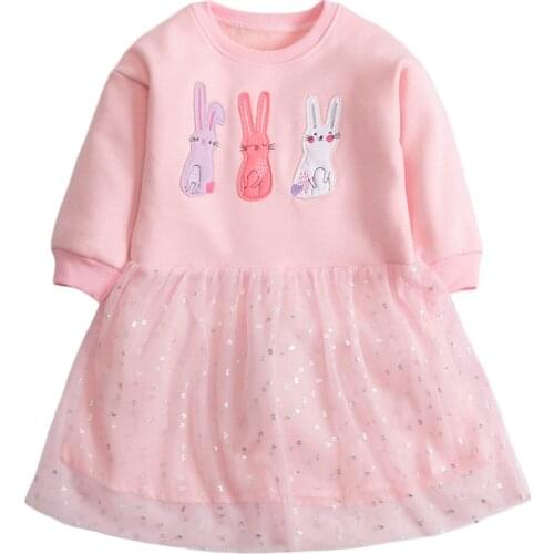 Frocks for Baby Girls Brand Autumn Clothes Pink Cotton Bunny AppliqueToddler Tulle Thick Dress for Kids 2-7 Years