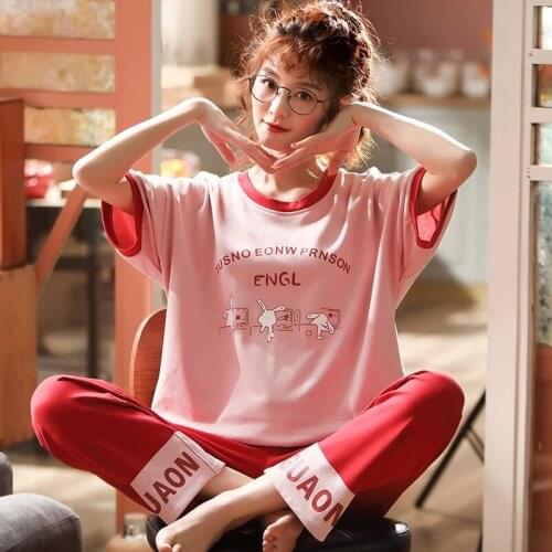 Plus Size M-5XL Women Short Sleeve Long Pants Pyjama 100% Cotton Round Neck Cartoon Loose 2Piece Set Homewear Clothing