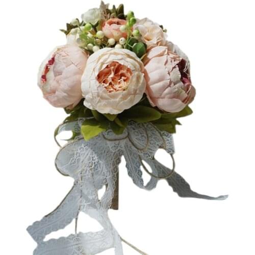 Retro Rustic Style Bride Bridesmaid Bouquets Artificial Peony Fake Rose Wedding Holding Flower Long Ribbon Lace Party
