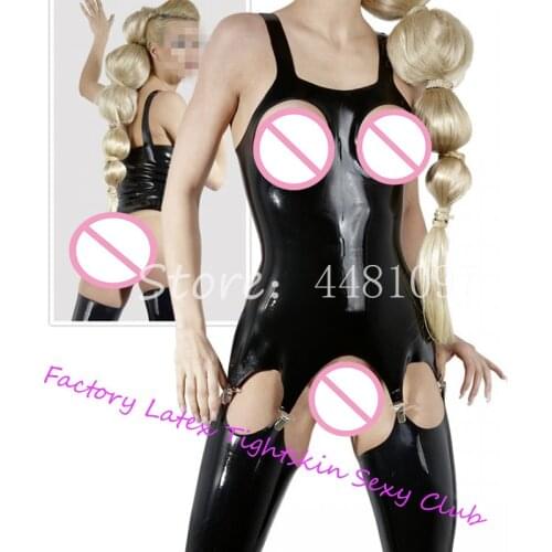 Sexy Black Latex Rubber Open Breast Bodysuit Tops with Clips&Stockings Females' Lingerie Sets(no Briefs)