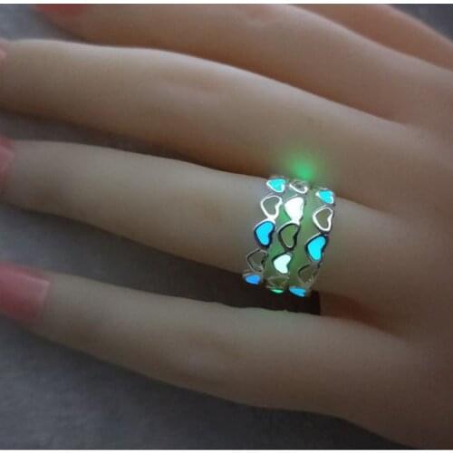 Hot Sale Adjustable Heart Shape Luminous Ring Glowing in Dark Silver Color Rings For Womens Glow Hollow Heart love Free Size
