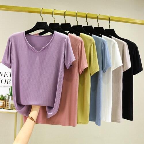 Woman T Shirts Pure Color Solid Tops Bright Color Short Sleeve Fashion Basic T-shirt Female 2021 Summer Sexy V Neck Crop Tops