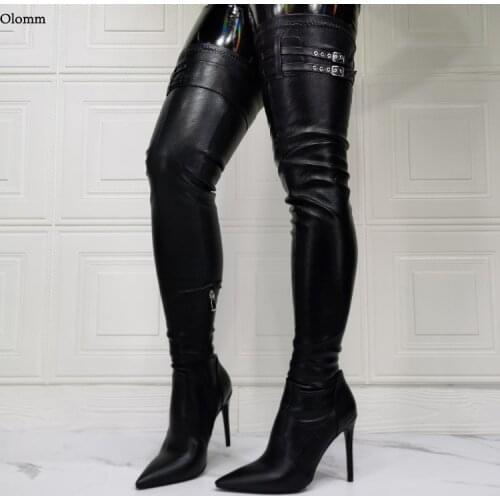 Olomm 2021 New Stylish Women Winter Thigh High Boots Sexy Stiletto Heels Pointed Toe Elegant Black Shoes Women Plus US Size 6-15