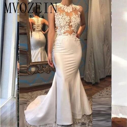 Abendkleider White Mermaid Evening Dresses Lace Satin See-Through Long Evening Dress Formal Gowns Robe de soiree