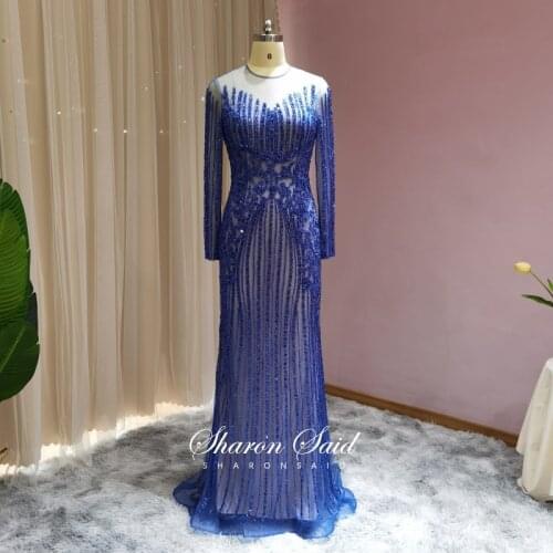 Elegant Royal Blue Mermaid Evening Dress Long Sleeve Luxury Dubai Prom Dresses 2021 Arabic Women Muslim Formal Celebrity Gowns