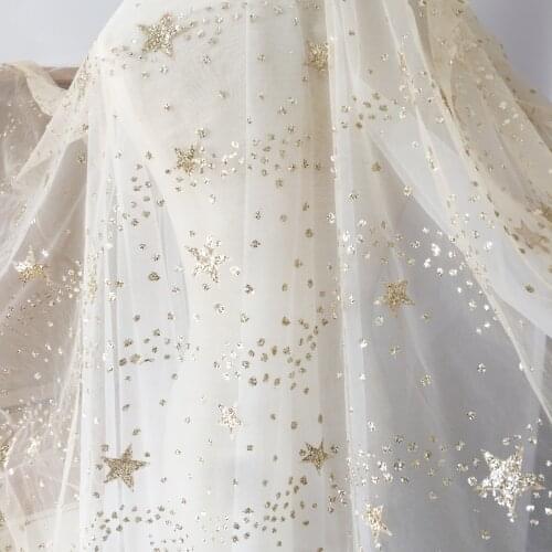 1 Yard Gold STAR Glitter Lace Fabric with Champagne Tulle Soft Bridal Gown Overlay Veils DIY 150cm Wide