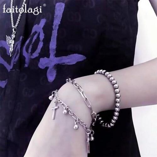 2Pcs/Lot Punk Bead Bracelets For Women Silver Color Multi Layer Chain Bangles Adjustable Bracelet Set for Women Jewelry Gifts