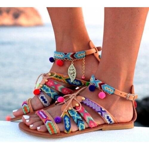 2020 New Summer Shoes Womens Sandals Bohemian Gladiator Leather Sandals Flats Summer Shoes Woman Pom-Pom Sandals For Women
