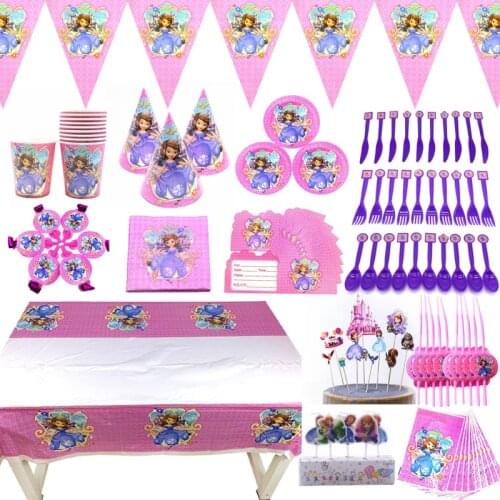 Disney Sofia Princess Party Supplies Plates Gift Bags Hat Cups Girl Birthday Party Cake Decoration Princess Sofia Balloons Flags