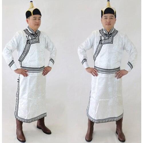 Men Mongolia White Gown Robe Dance Performance Clothes Mens Adult Mongolian Wedding Daily Clothing from Genghis Khans hometown
