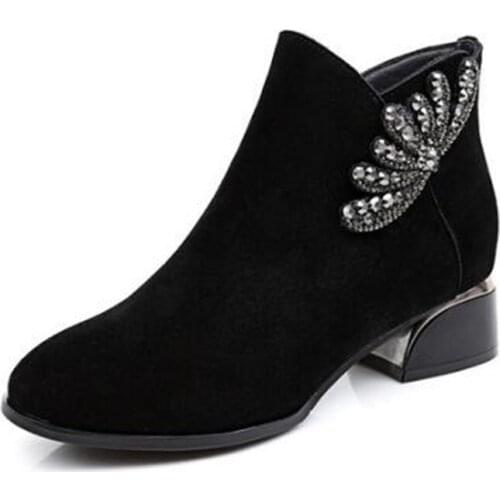 Matte Cowhide Rhinestone Shoes Women Leather Boots Autumn Winter Boots Fashion Comfort Low-heel Martin Boots Winter Snow Boots