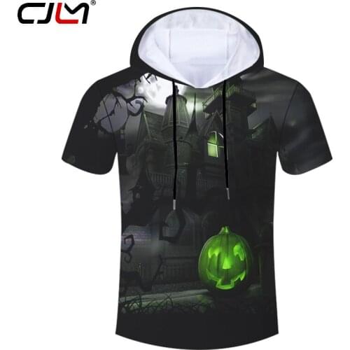 CJLM New Halloween Big Size Fashion Brand Mens Hooded Tshirt 3D Printed Pumpkin Castle Tee Shirt Suppliers Man Clothing