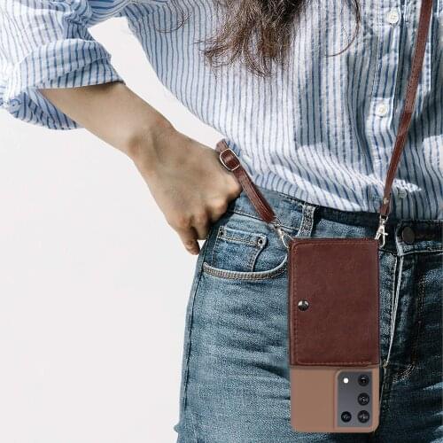 For Samsung Galaxy S21 Ultra A52 A72 5G S20FE S10 Note 20 Case Leather Crossbody With Long Strap Credit Card Wallet Stand Cover