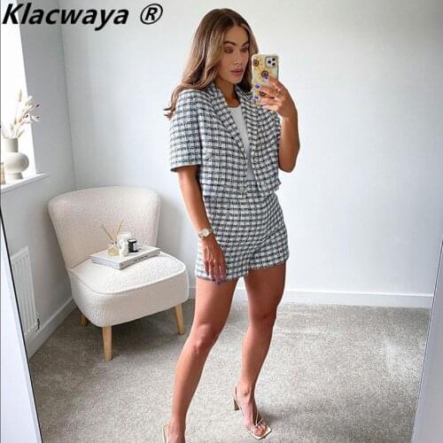 Klacwaya Women 2021 Fashion With Buttons Tweed Cropped Blazer Coat+ Vintage High Waist Side Zipper Female Short Pants Mujer Suit