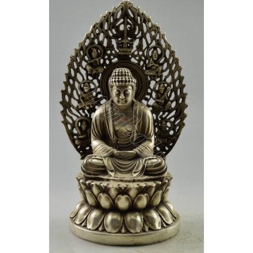 Collectible Decorated Old Handwork Tibet Silver Carved Big Buddha Statue Garden Decoration 100% Tibetan silver Bronze