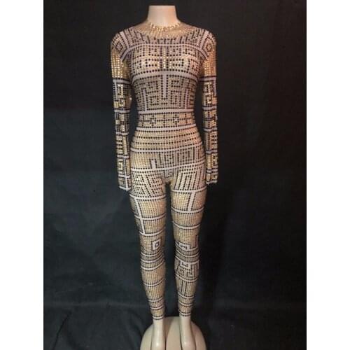 Women Sexy Sparkly Black Gold Stones Jumpsuit Sexy Mesh See Through Rhinestones Bodysuit Rompers Stage Birthday Dance Wear