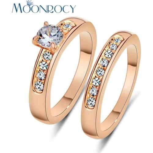 MOONROCY Rose Gold Color Cubic Zirconia Crystal Trendy Rings Dropshipping Jewelry Weeding Couple Ring Silver Color for Women