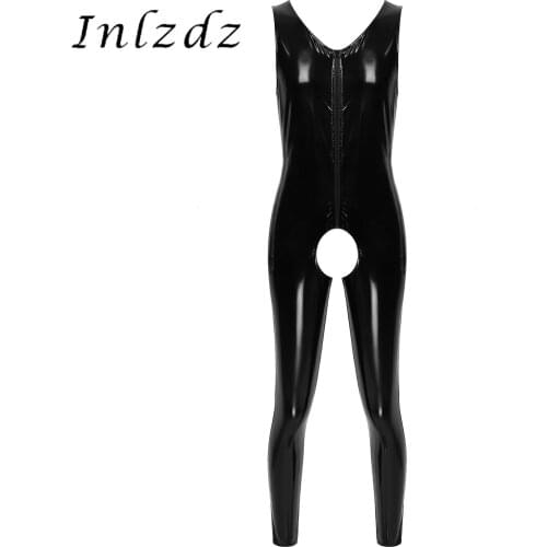 Mens Erotic Lingerie Bodysuit Wet Look Patent Leather Stage Performance Costume V Neck Back Zipper Open Crotch Leotard Clubwear
