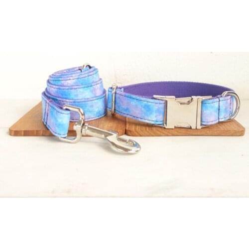 Customized Dog Collar Engraved Puppy ID Tag Pet Leash Collar Set Adjustable Outdoor Fabric Unique Style Print 5 Size Cosmic Sky