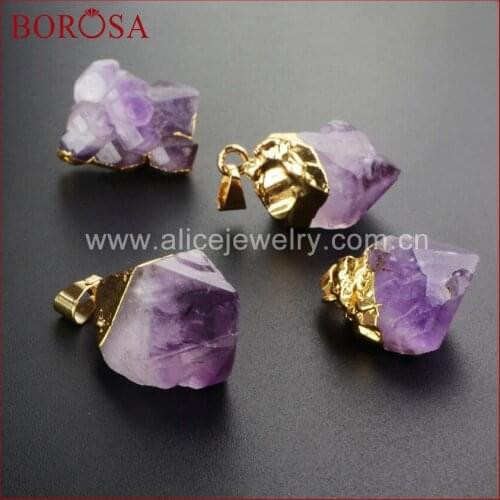 BOROSA Druzy Crystal Gold Plated Pendant Freeform Natural Purple Crystal Quartz Stone Faceted Point Pendant for Necklace WX018