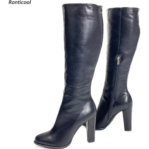 Ronticool Handmade Women Winter Knee High Boots Side Zipper Block Heels Round Toe Elegant Black Shoes Women Plus US Size 5-20