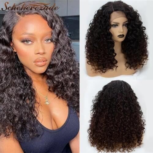 Scheherezade Afro Kinky Curly Deep Wave Bob Wigs Ombre Brown Black T Part Wig For Women Synthetic Lace Front Wigs Heat Resistant