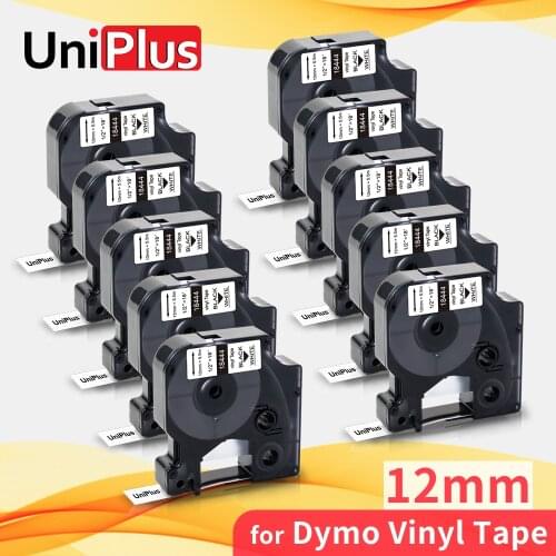 UniPlus 10PK 18444 IND Vinyl Tape 12mm Compatible Dymo Label Tape Black on White for Dymo Rhino Label Maker 6000 5000 5200 4200