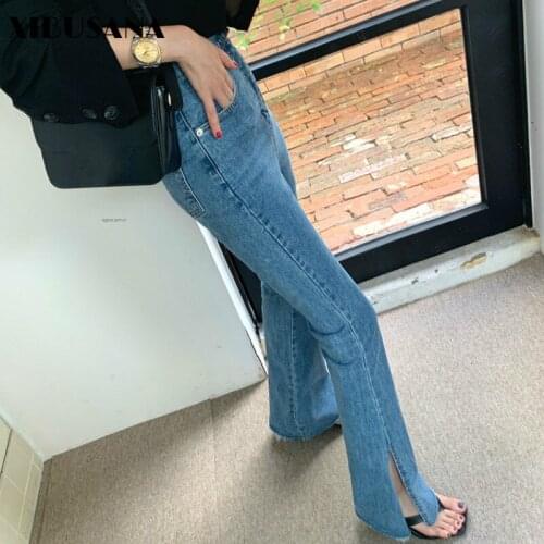 XIBUSANA 2021 Spring Women Flare Jeans Pants High Waist Stretched Elastic Side Split Female Skinny Denim Pant Stylish Trouser