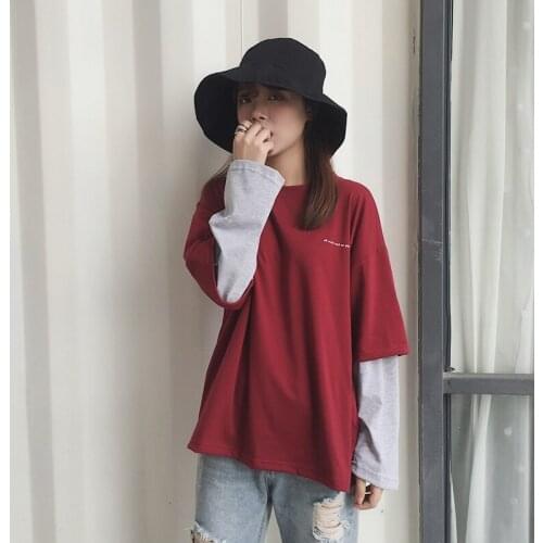 T-shirt Women Long Sleeve Fake Two Piece Harajuku Patchwork Loose Tees Womens T-shirts Korean Style All-match Fashion Casual