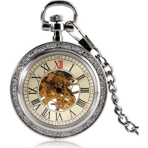 Steampunk Silver Skeleton Mechanical Pocket Watch Chain Open Face Design Hand Wind Women Men Watches Xmas Gifts 2018 New Clock