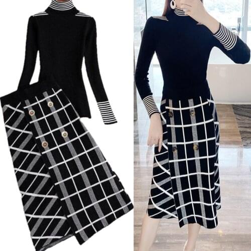 2 Piece Women Pullover Sweater Matching Set 2021 New Autun Winter Fashion Runway Blue Plaid Knitted Mid Skirt Outfits Knitwear
