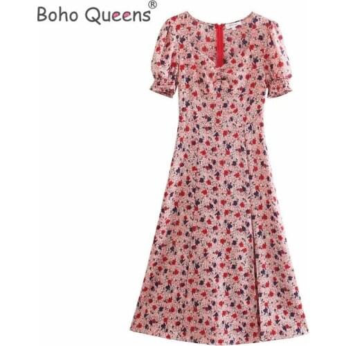 Boho Queens women floral print short sleeve Bohemian rayon cotton maxi dress Ladies deep v-neck botton Boho vestidos
