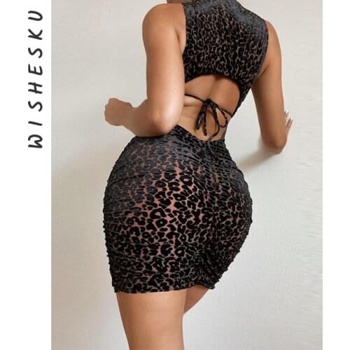 Women Summer Leopard Print Pencil Dress Sexy Backless Lace Up O-Neck Sleeveless High Waist Slim Wrap Hips Mini Dresses 2021 New