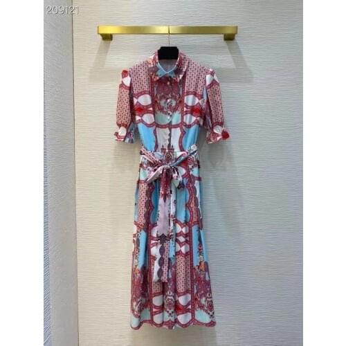 New 2021 Summer Runway Elegant Midi Dress Women Half Flared Sleeves Flowers Print Vintage Fashion Single Breasted Dresses