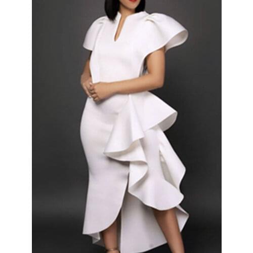 Bodycon Dress Women Cloak Sleeve V Neck Ruffles Birthday Evening Cocktail Occasion Midi Length Dresses for Ladies Dropshipping