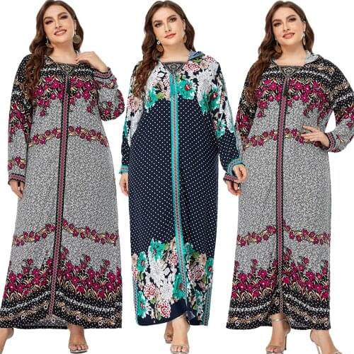 Plus Size 3XL Kaftan Turkey Dubai Abaya Women Long Sleeve Loose Caftan Maxi Hooded Dress Muslim Print Robe Gown Islamic Clothing