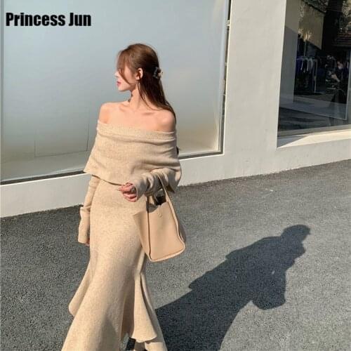 French Niche Autumn Winter Irregular Knitted Dress Elegant Slash Neck Long Sleeve Mermaid Sweater Dress Ladies New Midi Vestidos